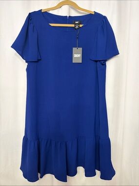 DKNY Cobalt Blue Flutter Sleeve Midi Dress with Ruffle Hem